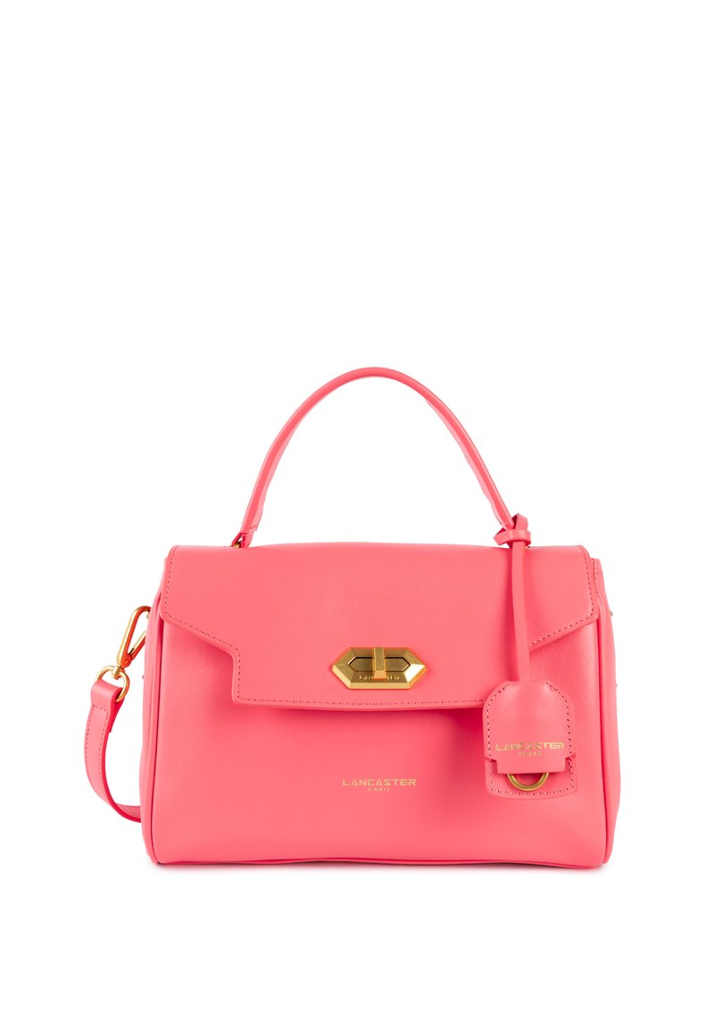 Borsa a mano in pelle rosa con un design strutturato, caratterizzata da un manico superiore, hardware dorato e un'etichetta rimovibile per un tocco in più.