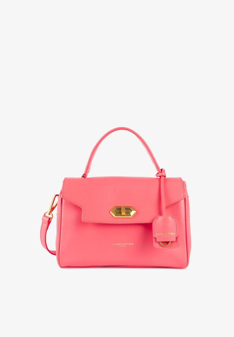 Borsa a mano in pelle rosa con un design strutturato, caratterizzata da un manico superiore, hardware dorato e un'etichetta rimovibile per un tocco in più.