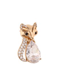 Guldtonet ræv broche med en stor pæreformet klar krystal og små diamantlignende detaljer langs halen og ansigtet.