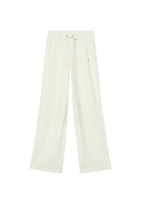 Pantaloni bianchi a gamba larga realizzati in tessuto morbido, dotati di vita con cordino, due tasche laterali e dettagli di cucitura discreti.