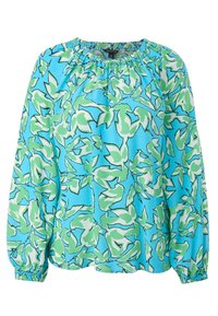 Blouse à manches longues en tissu léger, avec un fond bleu orné de motifs de feuilles vertes et blanches. Encolure et poignets élastiques.