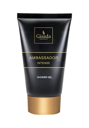 Schwarze und goldene Tube des Duschgels Gisada Switzerland Ambassador Intense mit metallisch goldenem Verschluss.