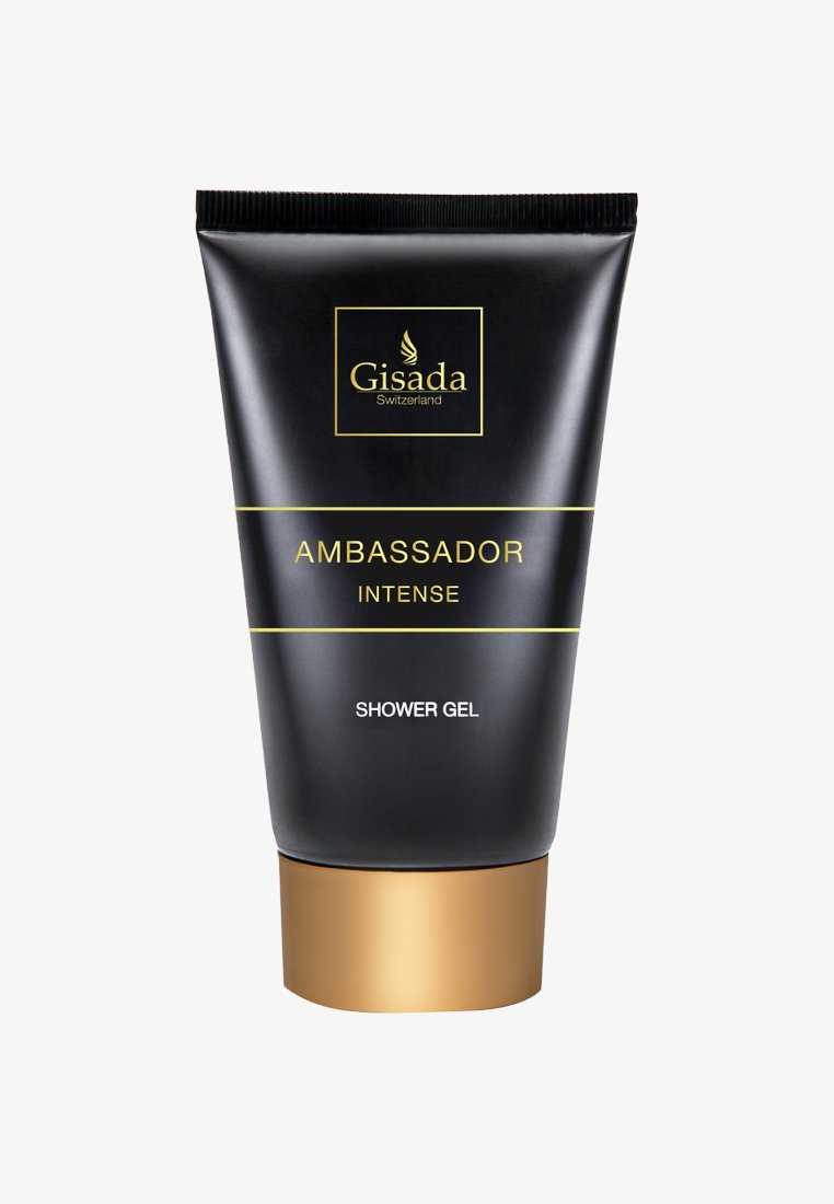 Schwarze und goldene Tube des Duschgels Gisada Switzerland Ambassador Intense mit metallisch goldenem Verschluss.