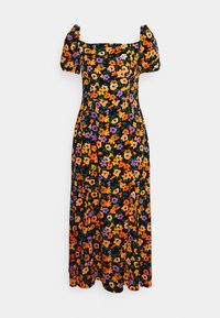 Abito maxi floreale con scollatura quadrata, maniche corte a sbuffo, fiori multicolori (arancio, viola, giallo) su uno sfondo nero.