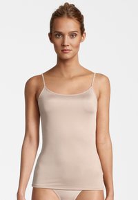 Lightweight, fitted camisole in beige with thin adjustable straps, a scoop neckline, and smooth, stretchy fabric.