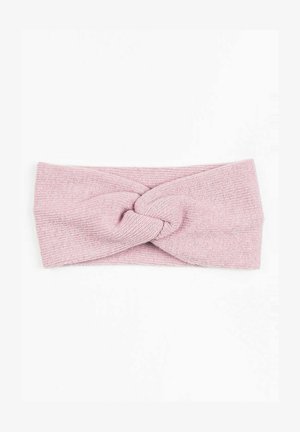Pletená čelenka z měkké růžové látky, s designem zkrouceného uzlu ve středu. Hladký povrch, přibližně 5 cm široká.