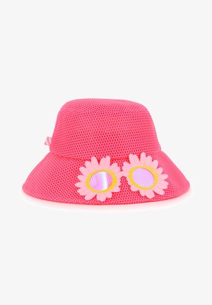 Cappello a secchiello in rete rosa con due grandi margherite di plastica con centri riflettenti. Design con tesa larga per la protezione solare.