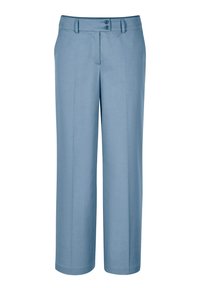 Hellblaue, maßgeschneiderte Hose mit glatter Textur, Zwei-Knopf-Verschluss und Fronttaschen, mit einem geraden Beinsaum.