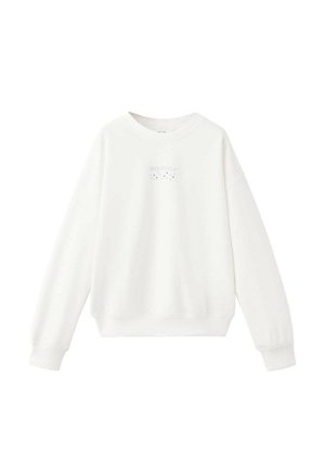Sweat-shirt blanc à manches longues avec col rond, petit texte et motif étoile centrés sur la poitrine.