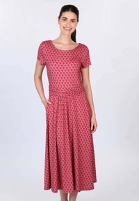 Roter Maxikleid mit Blumenmuster, kurzen Ärmeln, rundem Ausschnitt und elastischem Bund. Verfügt über Taschen und einen fließenden, strukturierten Rock.