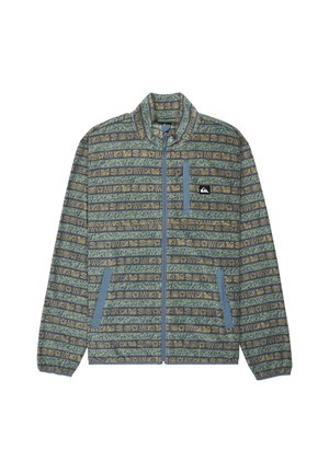 Patterned zip-up jacket in green and blue with a textured fabric, featuring a front pocket, a stand collar, and various textured patterns.