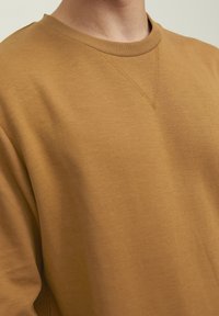 Sudadera color mostaza con cuello redondo y cuello acanalado, que presenta un discreto detalle en forma de V en el pecho. Textura de algodón suave.