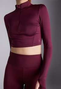 Bordo sportski crop top s dugim rukavima i četvrtastim zatvaračem, s prilagođenim dizajnom i glatkom teksturom. Vidljiv detalj na pojasu koji odgovara.