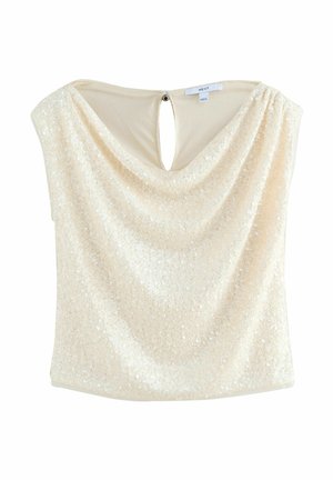 Ärmelloses Top in Cremefarbe mit Pailletten, drapiertem Ausschnitt und kleinem Schlüsselloch-Knopfschluss am hinteren Nacken.