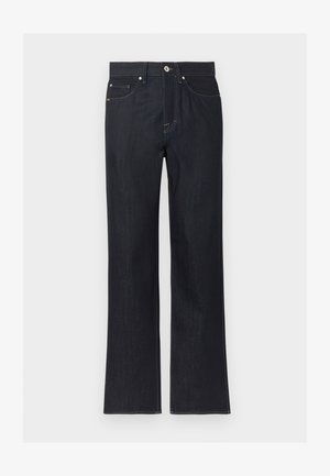 Temno modre kavbojke z ravnimi hlačnicami, sprednjimi žepi, zapiranjem na gumbe in vidnimi šivi na enobarvni svetli podlagi.