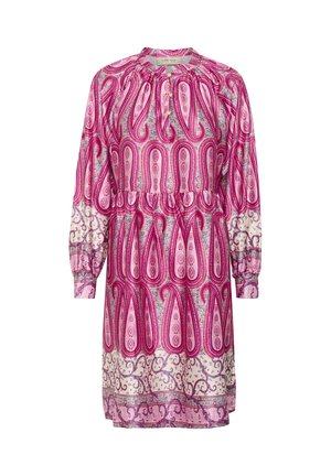 Robe à manches longues avec motif cachemire rose, encolure froncée, fermeture à boutons, poignets élastiques et jupe ample à volants.