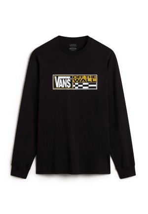 Svart långärmad t-shirt i bomull, med en grafisk design med "VANS" och "OFF THE WALL" i gult, vitt och rutmönster.