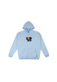 Helle blaue Kapuzenjacke aus weichem Stoff, mit einer Vordertasche, verstellbarem Kapuzenzug und buntem Grafikdesign auf der Brust.