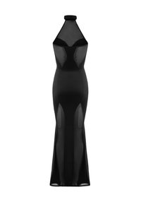 Svart halterneck-klänning i slät, genomskinlig material med en figurnära silhuett och stora sidoklipp för en elegant och figurnära design.