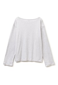 Hellgraues, langärmliges T-Shirt mit Rundhalsausschnitt, flach ausgebreitet, mit ausgestreckten Ärmeln und ohne sichtbare Muster oder Logos.