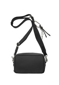 Borsa a tracolla nera realizzata in materiale liscio, con forma rettangolare, chiusura a cerniera, tracolla regolabile e dettagli in metallo argentato.