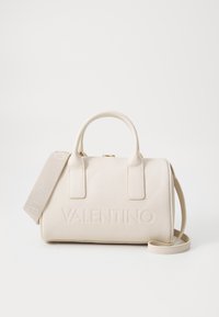 Beige leather handbag with dual handles, removable strap, embossed "VALENTINO" logo on front, and smooth textured surface.