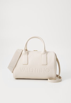 Beige leather handbag with dual handles, removable strap, embossed "VALENTINO" logo on front, and smooth textured surface.
