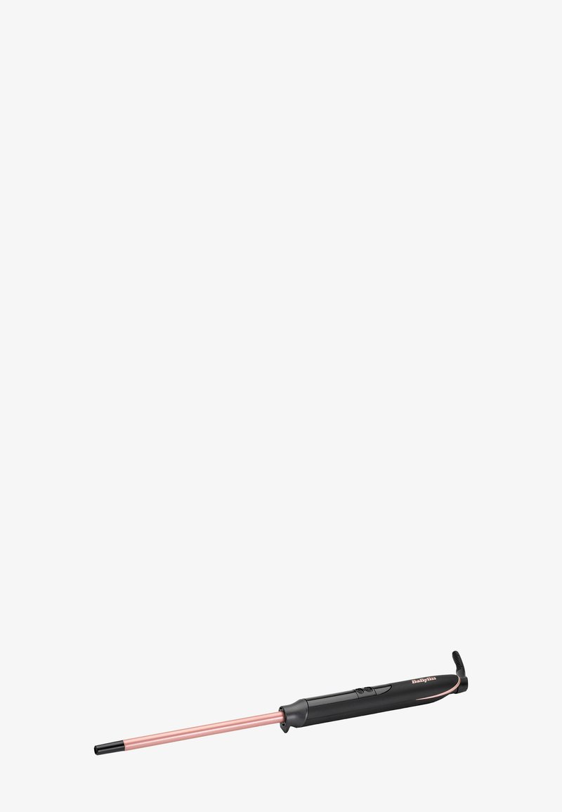 Schwarz-haarige Styling-Tool mit pinken Akzenten, elongated Design, glatte Griffe und zwei zylindrische Stangen, die von der Basis ausgehen.