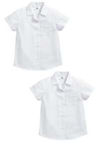 Chemise blanche à manches courtes avec un col, poche poitrine unique et ourlet incurvé. Tissu en coton lisse. Design minimaliste.