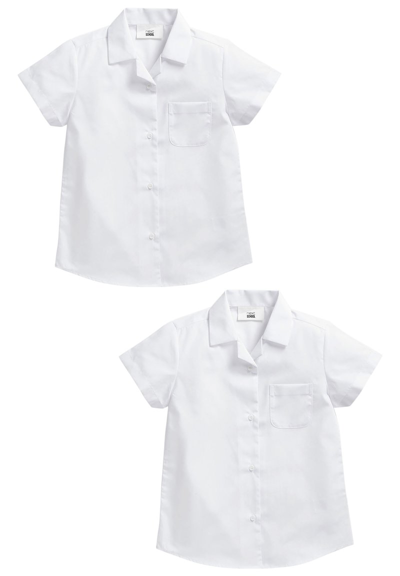 Chemise blanche à manches courtes avec un col, poche poitrine unique et ourlet incurvé. Tissu en coton lisse. Design minimaliste.