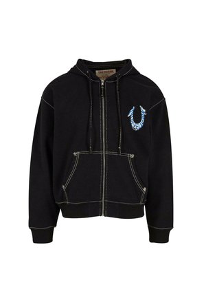Zwarte zip-up hoodie van katoen met een kangoeroezak, capuchon met trekkoord, witte stiksels en een blauw geborduurd logo op de borst.