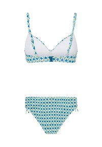 Dviejų dalių bikinis, turintis trikampį liemenėlę su reguliuojamomis petnešėlėmis ir raštuotus apatinius mėlynos, žalios ir baltos spalvų atspalviuose.