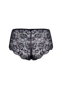 Svart spetsboyshorts med blommönster, vågiga kanter och en slät midja. Designen är genomskinlig med extra textur.