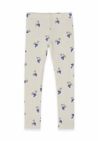 Beige leggings dengan tekstur ribbed, menampilkan pola kelompok anggur biru dan daun hijau. Memiliki pinggang elastis untuk memberikan fleksibilitas.