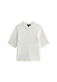 Kortärmad, ljusgrå tröja tillverkad av mjukt stickat material. Har en rundad halsringning och en avslappnad passform, med en slät yta.