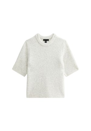Kurzärmliger, hellgrauer Pullover aus weichem Strickmaterial. Verfügt über einen runden Halsausschnitt und eine lockere Passform, mit einer glatten Textur.