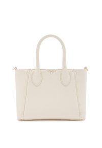 Weißer Lederhandtasche mit zwei kurzen Griffen, rechteckiger Form, sichtbaren Nähten und einem kleinen Metallreißverschluss. Glatte Textur mit Akzentdetails.