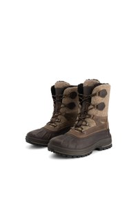 Bruine waterdichte sneeuwlaarzen met een getextureerde wolbovenkant, rubberen zool en vetersluiting. Beschikt over metalen haken voor het vastzetten van de veters.