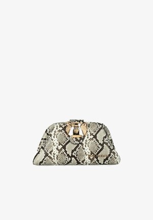 Borsa clutch con motivo pitone bianco e nero, chiusura dorata e logo "RUE MADAM" sul davanti.