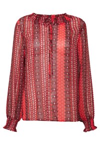 Rote gemusterte Bluse mit langen Ärmeln, gerafftem Ausschnitt und elastischen Bündchen. Das durchsichtige Material zeigt kontrastierende Drucke in dunkleren Farben.