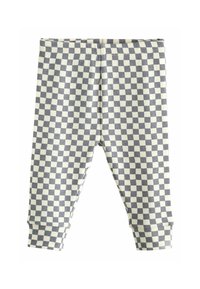 Børns ribstrikkede leggings med blå og hvid ternet mønster og manchetter ved anklerne, vist på hvid baggrund.