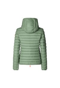 Pufferjack in gedempt groen, met een capuchon, gequilt ontwerp en elastische manchetten. Inclusief een trekkoord onderaan en een accentlogo op de schouder.
