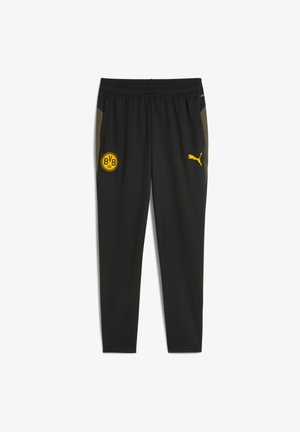 Schwarze Sporthose mit grünen Seitenpaneelen, gelbem Puma-Logo am rechten Oberschenkel und gelbem Borussia Dortmund (BVB 09) Emblem am linken Oberschenkel.