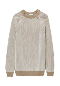 Pull beige et blanc à rayures avec une texture côtelée, col rond et manches longues. Le bas et le col ont un accent beige uni.