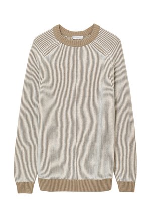Maglione a righe beige e bianche con texture a costine, collo rotondo e maniche lunghe. Il fondo e il colletto presentano un accento beige uniforme.