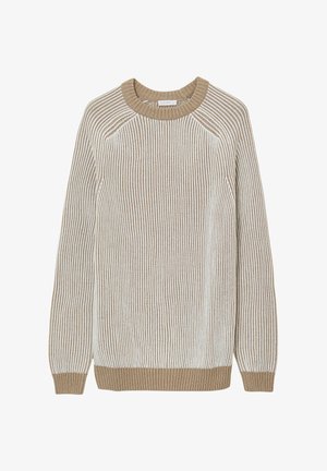 Beige and white striped sweater with a ribbed texture, round neck, and long sleeves. The bottom and collar have a solid beige accent.