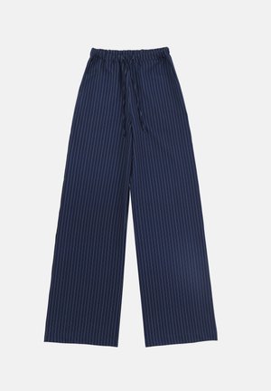 Navy blue wide-leg pants with a drawstring waistband and white vertical stripes. Smooth texture, no pockets or embellishments.