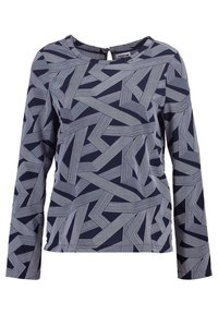 Maglia a maniche lunghe blu navy con un motivo geometrico bianco. Presenta un collo rotondo e un tessuto morbido con una superficie liscia.