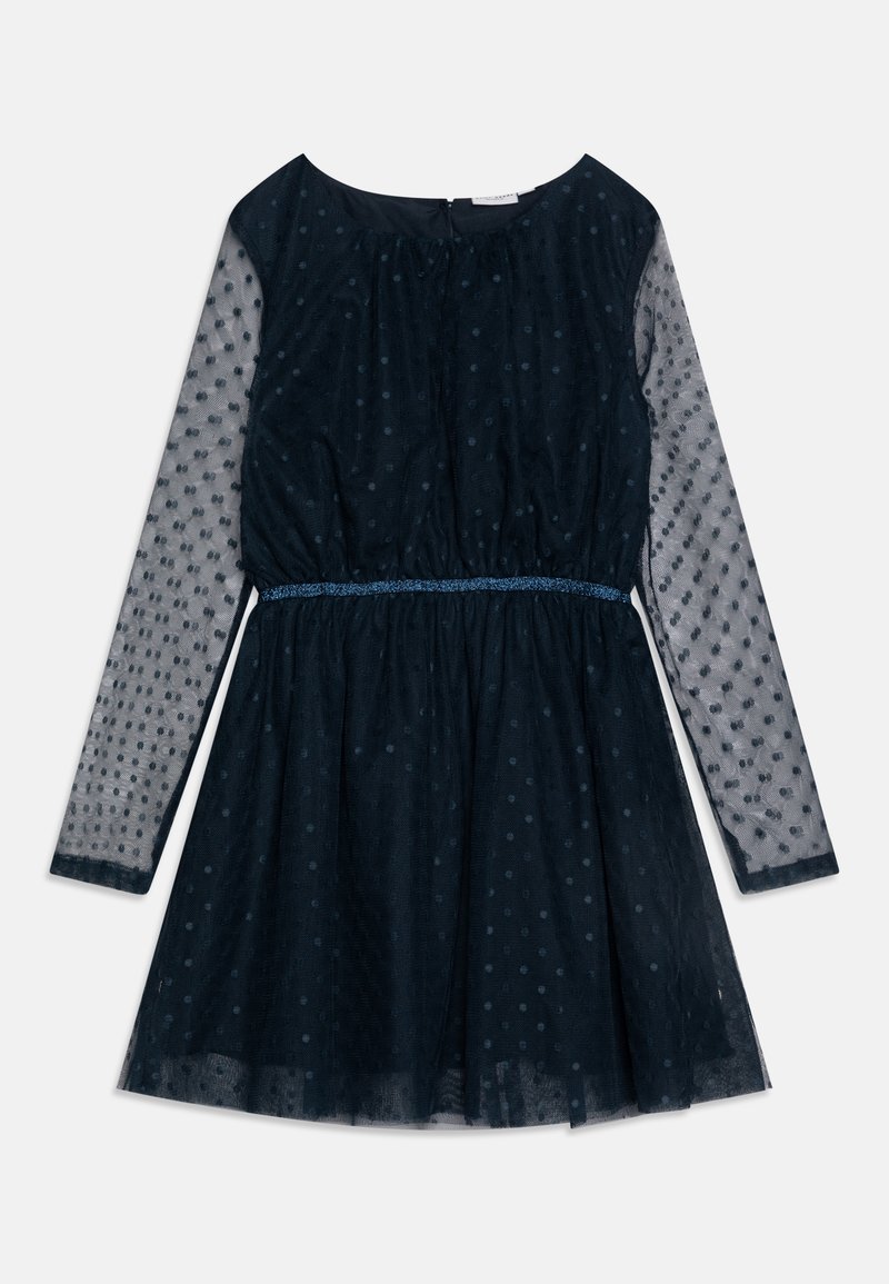 Granatowa sukienka z długimi, przezroczystymi rękawami w kropki, zebranym dekoltem i teksturowaną talią z niebieskim akcentem. Zwiewny krój spódnicy.