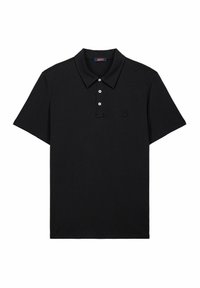Polo nero in cotone, con colletto a tre bottoni, maniche corte e un piccolo logo sul lato sinistro del petto. Texture liscia.